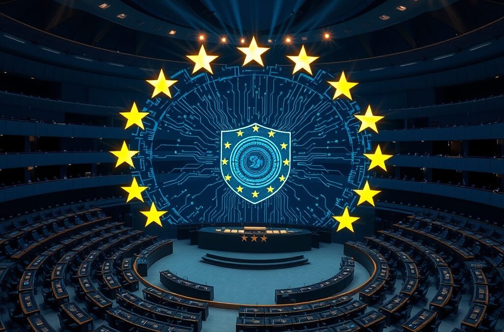 A panoramic view of the European Parliament hemicycle with holographic AI circuit board patterns projected above the seats forming a glowing shield shape, twelve golden stars orbiting the shield, deep institutional blue and gold palette, cinematic wide angle photography, dramatic overhead lighting with volumetric rays, no text, no letters, no words, no writing, no signs, no labels, no watermarks, no logos, no typography, no numbers on surfaces