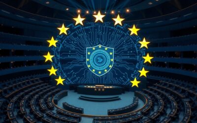 A panoramic view of the European Parliament hemicycle with holographic AI circuit board patterns projected above the seats forming a glowing shield shape, twelve golden stars orbiting the shield, deep institutional blue and gold palette, cinematic wide angle photography, dramatic overhead lighting with volumetric rays, no text, no letters, no words, no writing, no signs, no labels, no watermarks, no logos, no typography, no numbers on surfaces