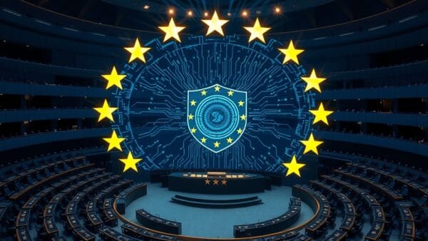 A panoramic view of the European Parliament hemicycle with holographic AI circuit board patterns projected above the seats forming a glowing shield shape, twelve golden stars orbiting the shield, deep institutional blue and gold palette, cinematic wide angle photography, dramatic overhead lighting with volumetric rays, no text, no letters, no words, no writing, no signs, no labels, no watermarks, no logos, no typography, no numbers on surfaces