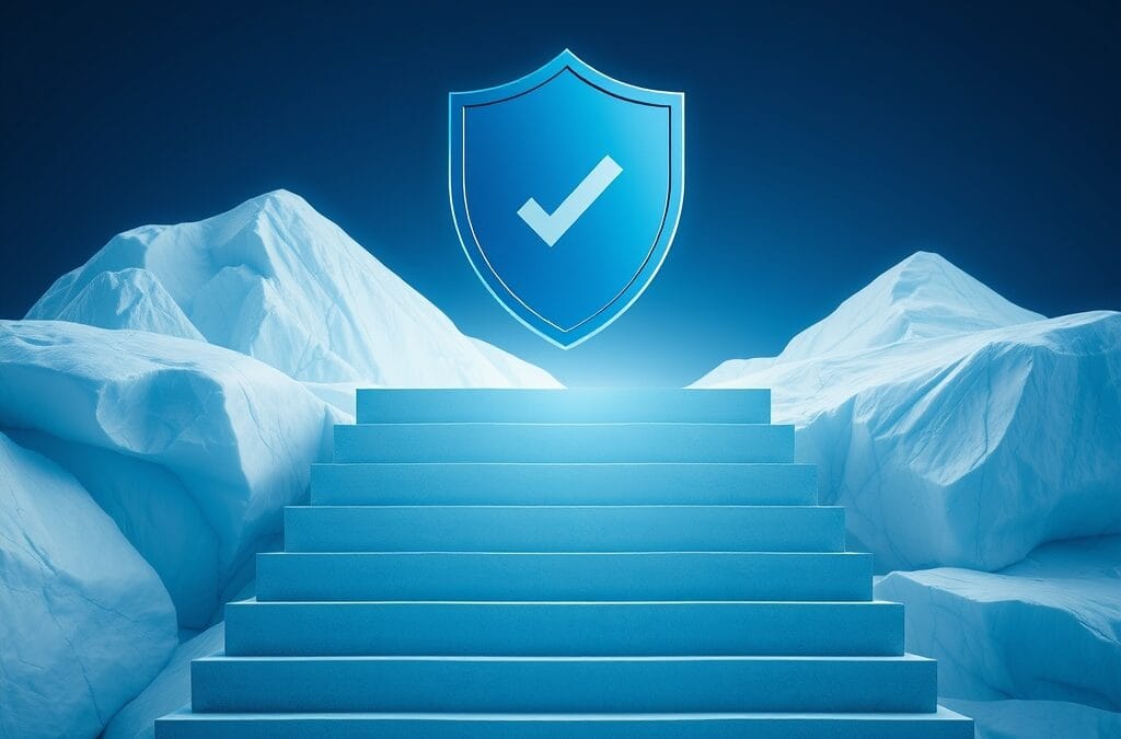 abstract compliance shield floating above ascending certification stairs, deep blue and white glacier tones, regulatory protection symbolism, cinematic editorial photography, no text no letters no words no writing no signs no labels no watermarks no logos no typography no numbers on surfaces