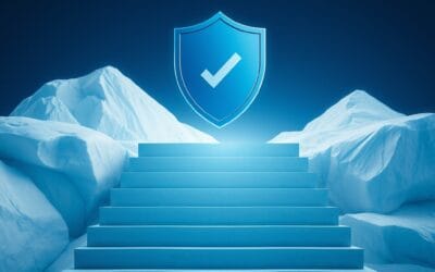 abstract compliance shield floating above ascending certification stairs, deep blue and white glacier tones, regulatory protection symbolism, cinematic editorial photography, no text no letters no words no writing no signs no labels no watermarks no logos no typography no numbers on surfaces