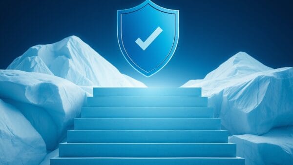 abstract compliance shield floating above ascending certification stairs, deep blue and white glacier tones, regulatory protection symbolism, cinematic editorial photography, no text no letters no words no writing no signs no labels no watermarks no logos no typography no numbers on surfaces