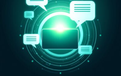 Abstract digital illustration of a glowing command prompt cursor surrounded by expanding concentric circles of light representing AI understanding, speech bubbles transforming into structured data flows, emerald green and electric blue color palette, geometric shapes, gradient background from dark teal to deep navy, no text no letters no words no typography, modern minimalist style, clean composition