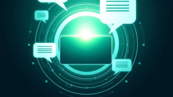 Abstract digital illustration of a glowing command prompt cursor surrounded by expanding concentric circles of light representing AI understanding, speech bubbles transforming into structured data flows, emerald green and electric blue color palette, geometric shapes, gradient background from dark teal to deep navy, no text no letters no words no typography, modern minimalist style, clean composition