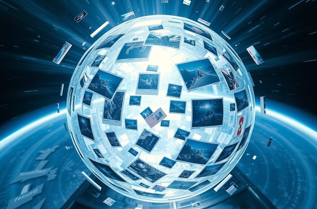 boussole holographique tournante avec images et vidéos flottantes en orbite, spectre multicolore bleu-blanc-argent, cinematic editorial, pyramide de données ascendante, no text no letters no words no writing no signs no labels no watermarks no logos no typography no numbers on surfaces