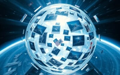 boussole holographique tournante avec images et vidéos flottantes en orbite, spectre multicolore bleu-blanc-argent, cinematic editorial, pyramide de données ascendante, no text no letters no words no writing no signs no labels no watermarks no logos no typography no numbers on surfaces