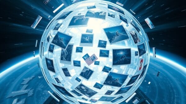 boussole holographique tournante avec images et vidéos flottantes en orbite, spectre multicolore bleu-blanc-argent, cinematic editorial, pyramide de données ascendante, no text no letters no words no writing no signs no labels no watermarks no logos no typography no numbers on surfaces