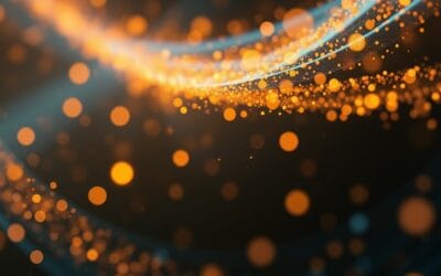 abstract data fusion of luminous orbs and flowing particle streams in warm amber and deep blue tones, open-source collaborative energy visualization, cinematic editorial photography, no text no letters no words no writing no signs no labels no watermarks no logos no typography no numbers on surfaces