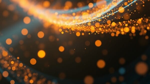 abstract data fusion of luminous orbs and flowing particle streams in warm amber and deep blue tones, open-source collaborative energy visualization, cinematic editorial photography, no text no letters no words no writing no signs no labels no watermarks no logos no typography no numbers on surfaces