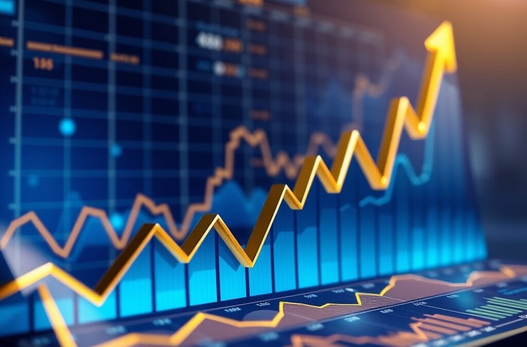 Business charts and competitive metrics rising upward, market dominance data visualization, professional corporate blue and gold palette, cinematic business aesthetic, no text, no letters, no words, no writing, no signs, no labels, no watermarks, no logos, no typography, no numbers on surfaces