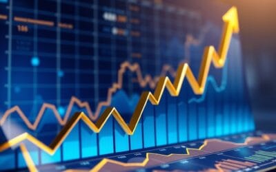 Business charts and competitive metrics rising upward, market dominance data visualization, professional corporate blue and gold palette, cinematic business aesthetic, no text, no letters, no words, no writing, no signs, no labels, no watermarks, no logos, no typography, no numbers on surfaces