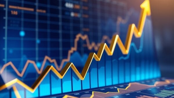 Business charts and competitive metrics rising upward, market dominance data visualization, professional corporate blue and gold palette, cinematic business aesthetic, no text, no letters, no words, no writing, no signs, no labels, no watermarks, no logos, no typography, no numbers on surfaces