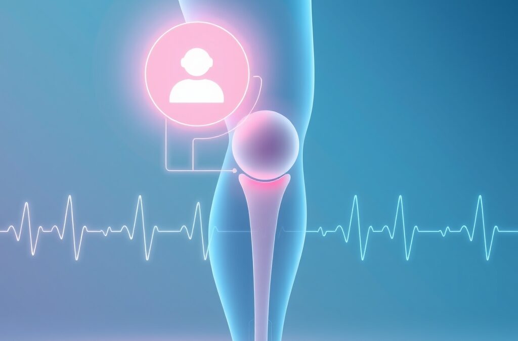 Abstract medical illustration showing a glowing AI chatbot icon connected to a stylized human knee joint hologram, soft blue and teal healing gradients, digital pulse waves representing patient monitoring, clean clinical aesthetic, no text no letters no words no typography, 16:9 ratio