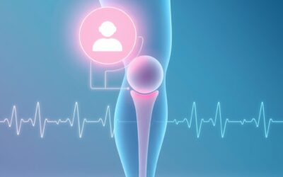 Abstract medical illustration showing a glowing AI chatbot icon connected to a stylized human knee joint hologram, soft blue and teal healing gradients, digital pulse waves representing patient monitoring, clean clinical aesthetic, no text no letters no words no typography, 16:9 ratio