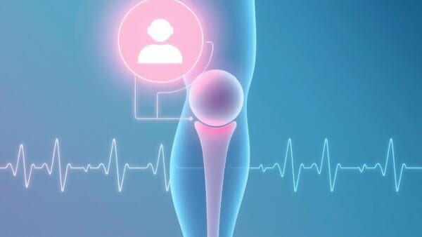 Abstract medical illustration showing a glowing AI chatbot icon connected to a stylized human knee joint hologram, soft blue and teal healing gradients, digital pulse waves representing patient monitoring, clean clinical aesthetic, no text no letters no words no typography, 16:9 ratio