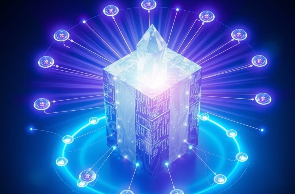 An open source code repository visualized as a massive crystalline structure radiating light outward, surrounded by smaller orbiting data nodes connected by luminous threads, cinematic editorial photography, deep blue and violet palette with cyan neon accents, subject in upper two-thirds with gradient fade at bottom, no text, no letters, no words, no writing, no signs, no labels, no watermarks, no logos, no typography, no numbers on surfaces