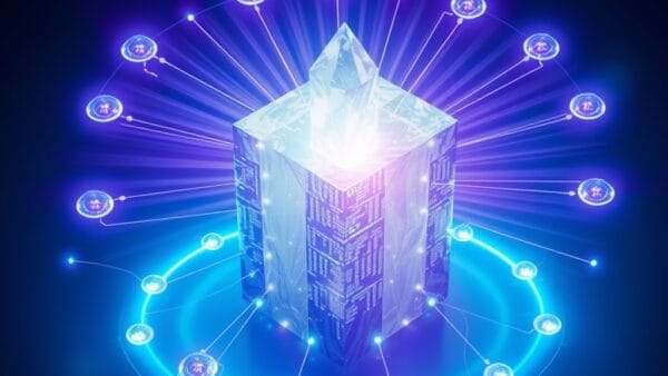 An open source code repository visualized as a massive crystalline structure radiating light outward, surrounded by smaller orbiting data nodes connected by luminous threads, cinematic editorial photography, deep blue and violet palette with cyan neon accents, subject in upper two-thirds with gradient fade at bottom, no text, no letters, no words, no writing, no signs, no labels, no watermarks, no logos, no typography, no numbers on surfaces