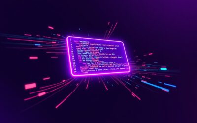 Abstract digital illustration of a glowing code editor interface floating in space, with streams of colorful data flowing outward, purple and indigo gradient background, geometric shapes representing software building blocks, no text no letters no words no typography, modern tech aesthetic, 16:9 ratio