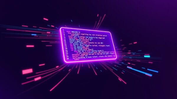Abstract digital illustration of a glowing code editor interface floating in space, with streams of colorful data flowing outward, purple and indigo gradient background, geometric shapes representing software building blocks, no text no letters no words no typography, modern tech aesthetic, 16:9 ratio