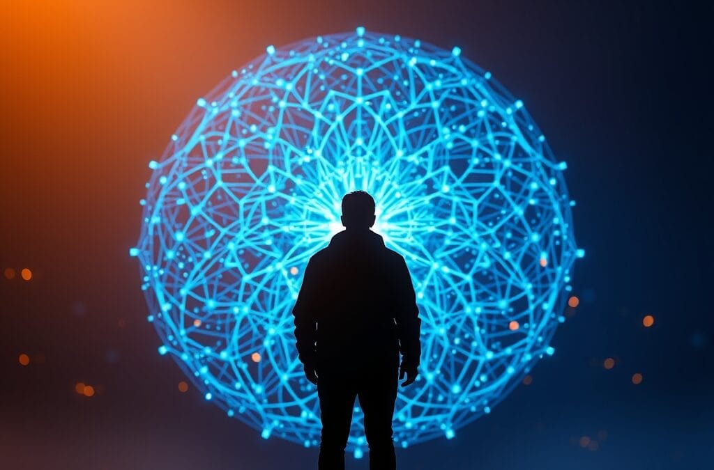 Illustration IA : leader tech devant réseau neuronal IA symbolisant Anthropic