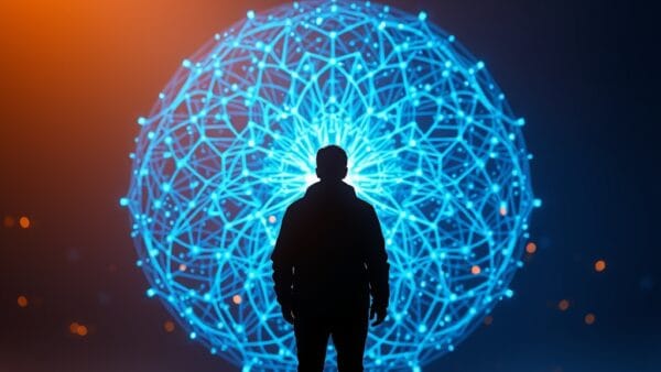 Illustration IA : leader tech devant réseau neuronal IA symbolisant Anthropic