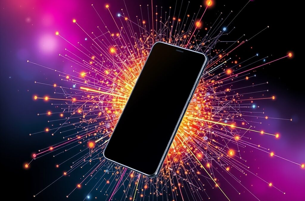 Abstract illustration of a smartphone exploding into hundreds of glowing AI particles and neural connections, Samsung Galaxy device silhouette at center, Gemini-style multicolor sparkles radiating outward, deep space black background with vibrant cyan magenta and gold accents, no text no letters no words no typography, 16:9 ratio
