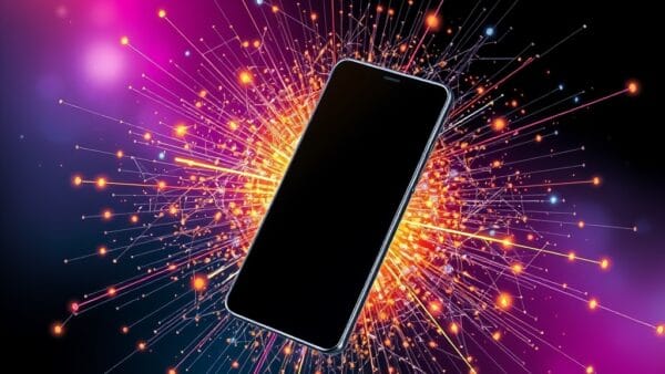 Abstract illustration of a smartphone exploding into hundreds of glowing AI particles and neural connections, Samsung Galaxy device silhouette at center, Gemini-style multicolor sparkles radiating outward, deep space black background with vibrant cyan magenta and gold accents, no text no letters no words no typography, 16:9 ratio