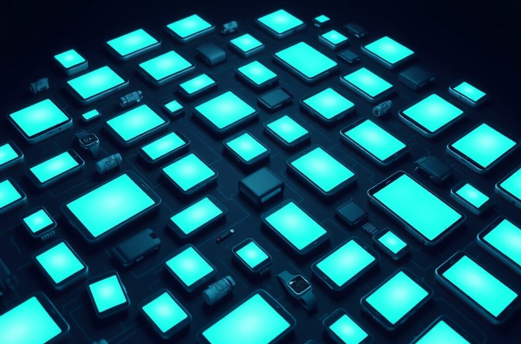 Hundreds of glowing consumer devices floating in organized grid formation, smartphones tablets smartwatches and screens all emanating soft emerald and steel blue light, dark navy background with subtle geometric circuit patterns, clean white key light from above creating dramatic shadows, photographic product shot aesthetic with shallow depth of field, no text no letters no words no characters no symbols no watermark