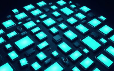 Hundreds of glowing consumer devices floating in organized grid formation, smartphones tablets smartwatches and screens all emanating soft emerald and steel blue light, dark navy background with subtle geometric circuit patterns, clean white key light from above creating dramatic shadows, photographic product shot aesthetic with shallow depth of field, no text no letters no words no characters no symbols no watermark