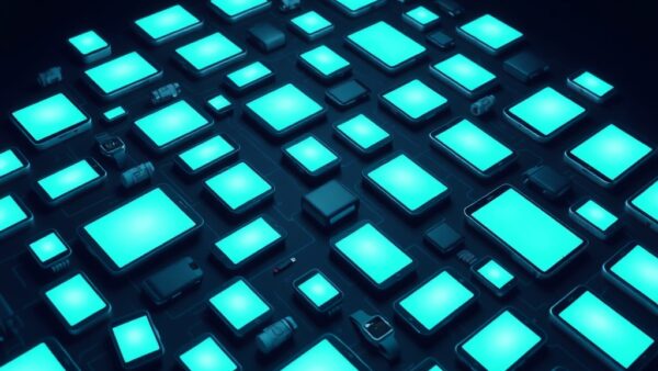 Hundreds of glowing consumer devices floating in organized grid formation, smartphones tablets smartwatches and screens all emanating soft emerald and steel blue light, dark navy background with subtle geometric circuit patterns, clean white key light from above creating dramatic shadows, photographic product shot aesthetic with shallow depth of field, no text no letters no words no characters no symbols no watermark
