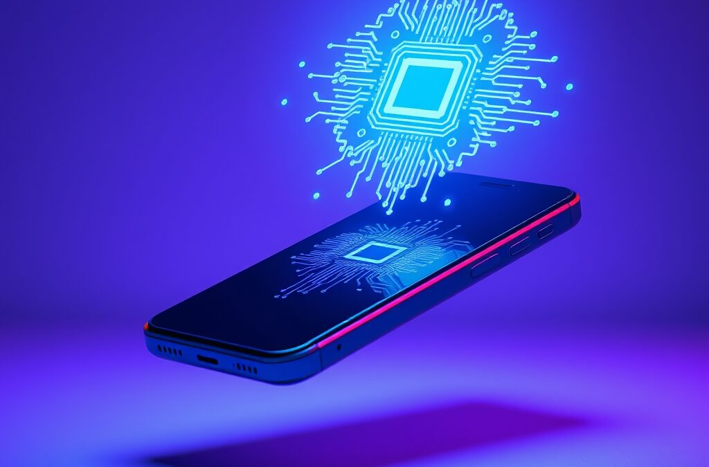 a sleek futuristic smartphone floating with an AI neural chip hologram projected above it emitting blue light particles, cinematic editorial photography, cyan neon and violet palette, no text no letters no words no writing no signs no labels no watermarks no logos no typography no numbers on surfaces