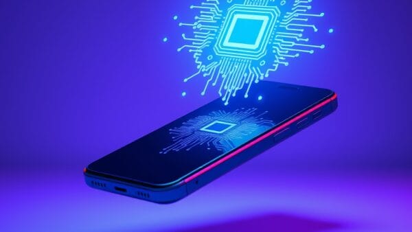a sleek futuristic smartphone floating with an AI neural chip hologram projected above it emitting blue light particles, cinematic editorial photography, cyan neon and violet palette, no text no letters no words no writing no signs no labels no watermarks no logos no typography no numbers on surfaces