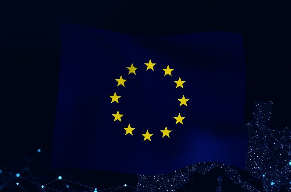 Cinematic editorial illustration of European digital sovereignty and AI innovation, dark navy and blue palette, abstract EU flag symbolism with technology networks and collaborative ecosystems, no text no letters no words no writing no signs no labels no watermarks no logos no typography no numbers on surfaces