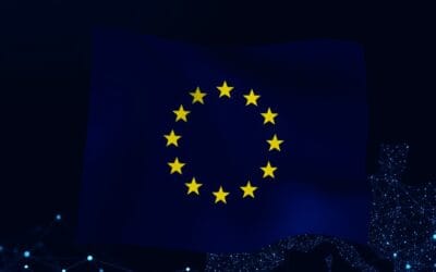 Cinematic editorial illustration of European digital sovereignty and AI innovation, dark navy and blue palette, abstract EU flag symbolism with technology networks and collaborative ecosystems, no text no letters no words no writing no signs no labels no watermarks no logos no typography no numbers on surfaces