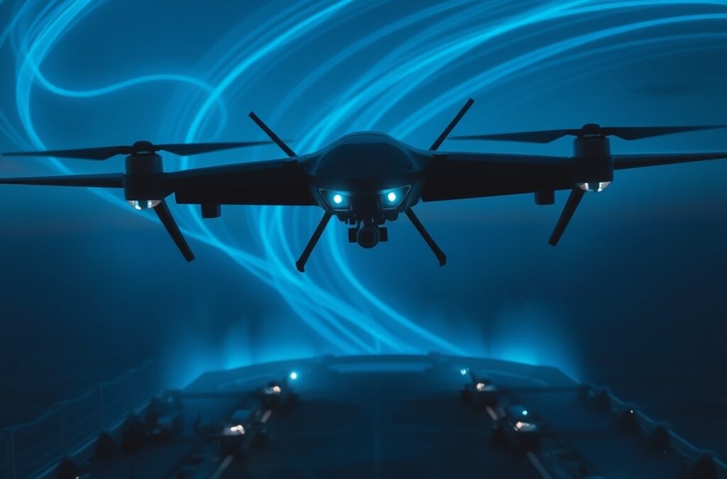A massive autonomous military drone hovering above a dark aircraft carrier deck at twilight, surrounded by swirling blue particle trails representing AI neural pathways, cinematic editorial photography, dark navy and steel blue palette with cyan neon accents, dramatic low angle composition with subject in upper two thirds, volumetric fog and rim lighting, no text, no letters, no words, no writing, no signs, no labels, no watermarks, no logos, no typography, no numbers on surfaces