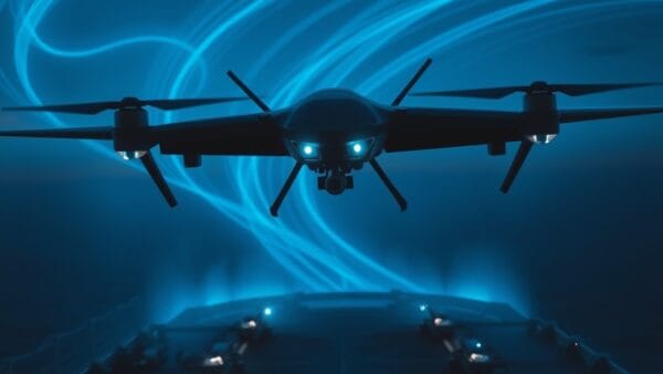 A massive autonomous military drone hovering above a dark aircraft carrier deck at twilight, surrounded by swirling blue particle trails representing AI neural pathways, cinematic editorial photography, dark navy and steel blue palette with cyan neon accents, dramatic low angle composition with subject in upper two thirds, volumetric fog and rim lighting, no text, no letters, no words, no writing, no signs, no labels, no watermarks, no logos, no typography, no numbers on surfaces