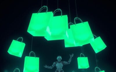 Illustration IA : sacs shopping connectés représentant le commerce agentique Shopify