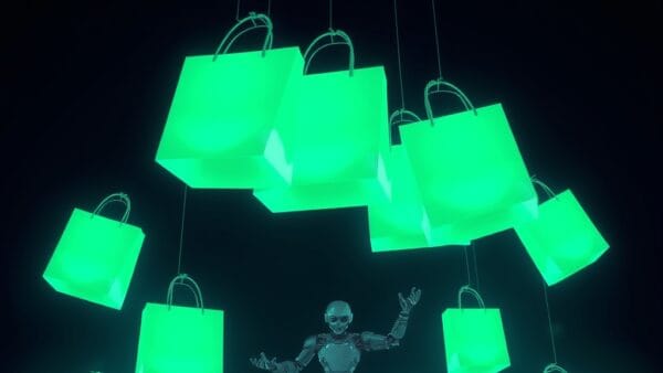 Illustration IA : sacs shopping connectés représentant le commerce agentique Shopify