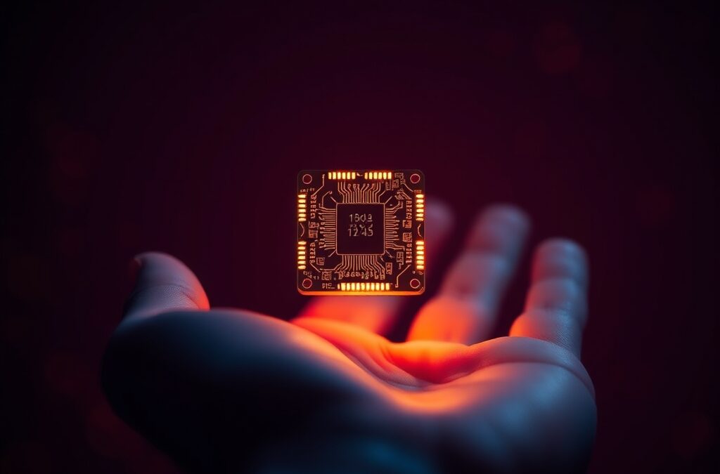Compact glowing microchip floating above an open palm in dramatic single-source lighting, deep rose undertones blending with midnight blue atmosphere, warm golden edge light on the chip revealing intricate circuit patterns, soft bokeh background with scattered tiny light particles, intimate portrait-style composition, photorealistic detail, no text no letters no words no characters no symbols no watermark