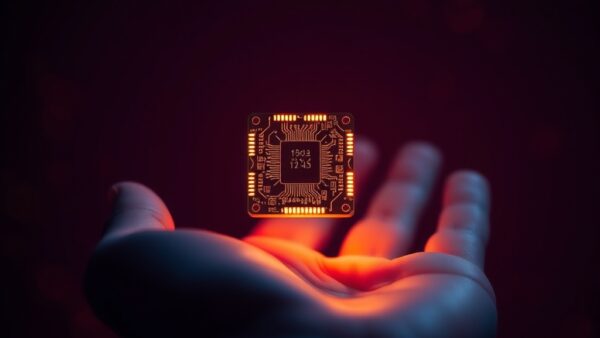 Compact glowing microchip floating above an open palm in dramatic single-source lighting, deep rose undertones blending with midnight blue atmosphere, warm golden edge light on the chip revealing intricate circuit patterns, soft bokeh background with scattered tiny light particles, intimate portrait-style composition, photorealistic detail, no text no letters no words no characters no symbols no watermark