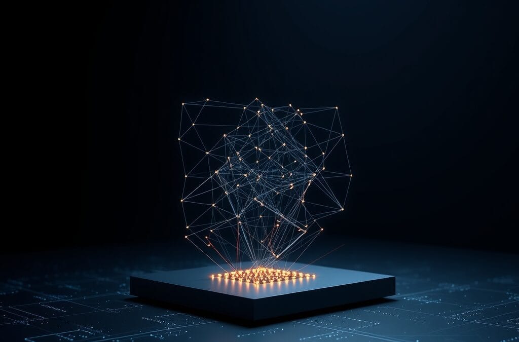 Cinematic editorial illustration of efficient AI model architecture and edge computing, dark navy and blue palette, abstract compact network visualization and optimization efficiency, no text no letters no words no writing no signs no labels no watermarks no logos no typography no numbers on surfaces