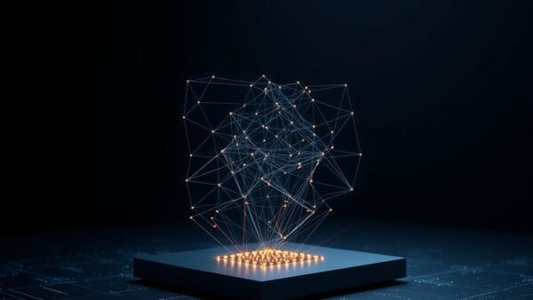 Cinematic editorial illustration of efficient AI model architecture and edge computing, dark navy and blue palette, abstract compact network visualization and optimization efficiency, no text no letters no words no writing no signs no labels no watermarks no logos no typography no numbers on surfaces