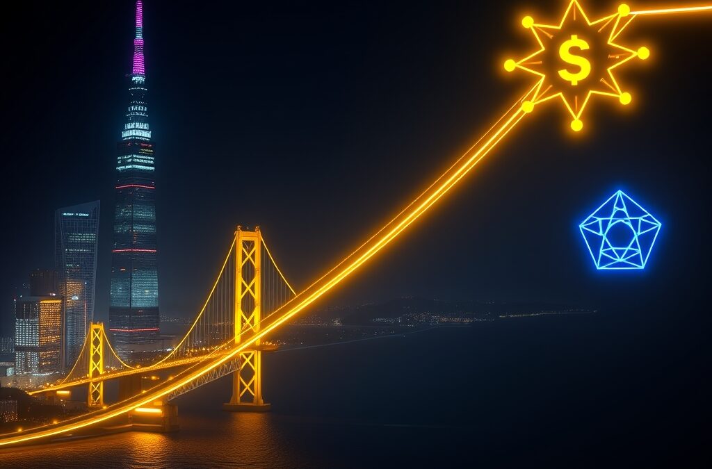 A massive glowing financial network connecting Tokyo and San Francisco, golden bridge of light arching over a dark Pacific Ocean, SoftBank tower silhouette on left with OpenAI geometric logo constellation on right, streams of golden dollar symbols flowing along the bridge, dramatic cinematic lighting with cyan neon and violet accents, dark navy background, editorial photography style, no text, no letters, no words, no writing, no signs, no labels, no watermarks, no logos, no typography, no numbers on surfaces