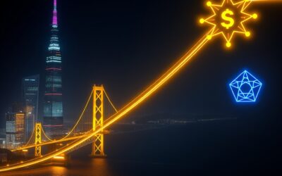 A massive glowing financial network connecting Tokyo and San Francisco, golden bridge of light arching over a dark Pacific Ocean, SoftBank tower silhouette on left with OpenAI geometric logo constellation on right, streams of golden dollar symbols flowing along the bridge, dramatic cinematic lighting with cyan neon and violet accents, dark navy background, editorial photography style, no text, no letters, no words, no writing, no signs, no labels, no watermarks, no logos, no typography, no numbers on surfaces