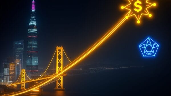 A massive glowing financial network connecting Tokyo and San Francisco, golden bridge of light arching over a dark Pacific Ocean, SoftBank tower silhouette on left with OpenAI geometric logo constellation on right, streams of golden dollar symbols flowing along the bridge, dramatic cinematic lighting with cyan neon and violet accents, dark navy background, editorial photography style, no text, no letters, no words, no writing, no signs, no labels, no watermarks, no logos, no typography, no numbers on surfaces