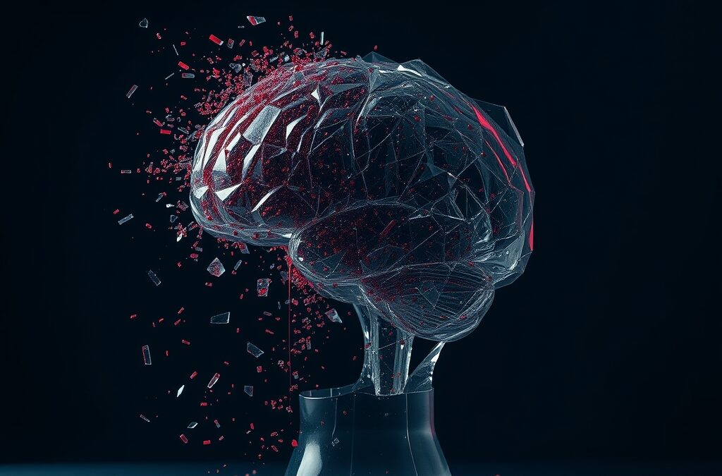 a shattered glass sculpture of an abstract AI brain dissolving into particles against a dark background, cinematic editorial photography, dark navy with muted red and grey tones, dramatic lighting from above, no text no letters no words no writing no signs no labels no watermarks no logos no typography no numbers on surfaces