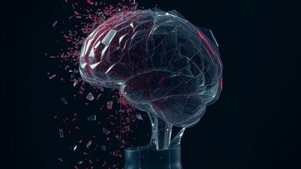 a shattered glass sculpture of an abstract AI brain dissolving into particles against a dark background, cinematic editorial photography, dark navy with muted red and grey tones, dramatic lighting from above, no text no letters no words no writing no signs no labels no watermarks no logos no typography no numbers on surfaces