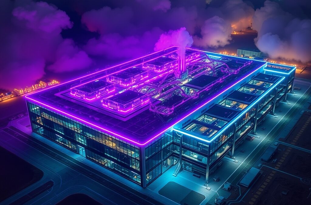 Aerial view of a massive futuristic semiconductor fabrication plant at night, glowing cyan neon and violet lights along the building edges, silicon wafer production lines visible through glass walls, desert landscape around the facility, dramatic clouds illuminated by industrial lights, cinematic editorial photography, dark moody atmosphere, no text, no letters, no words, no writing, no signs, no labels, no watermarks, no logos, no typography, no numbers on surfaces