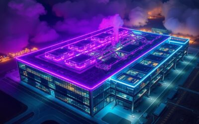 Aerial view of a massive futuristic semiconductor fabrication plant at night, glowing cyan neon and violet lights along the building edges, silicon wafer production lines visible through glass walls, desert landscape around the facility, dramatic clouds illuminated by industrial lights, cinematic editorial photography, dark moody atmosphere, no text, no letters, no words, no writing, no signs, no labels, no watermarks, no logos, no typography, no numbers on surfaces