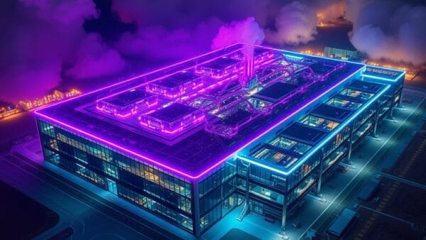 Aerial view of a massive futuristic semiconductor fabrication plant at night, glowing cyan neon and violet lights along the building edges, silicon wafer production lines visible through glass walls, desert landscape around the facility, dramatic clouds illuminated by industrial lights, cinematic editorial photography, dark moody atmosphere, no text, no letters, no words, no writing, no signs, no labels, no watermarks, no logos, no typography, no numbers on surfaces